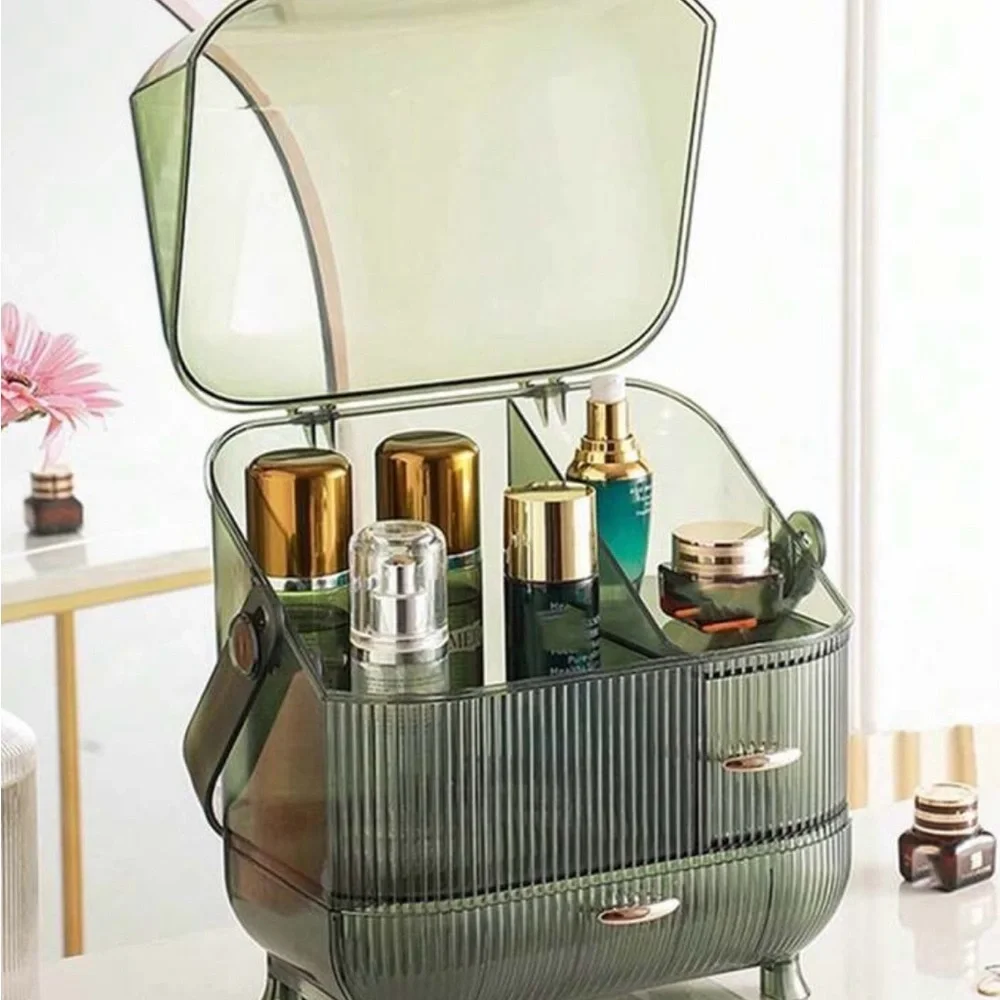 NEW! GREEN TRANSPARENT MAKEUP SKINCARE ORGANIZER PORTABLE CASE!